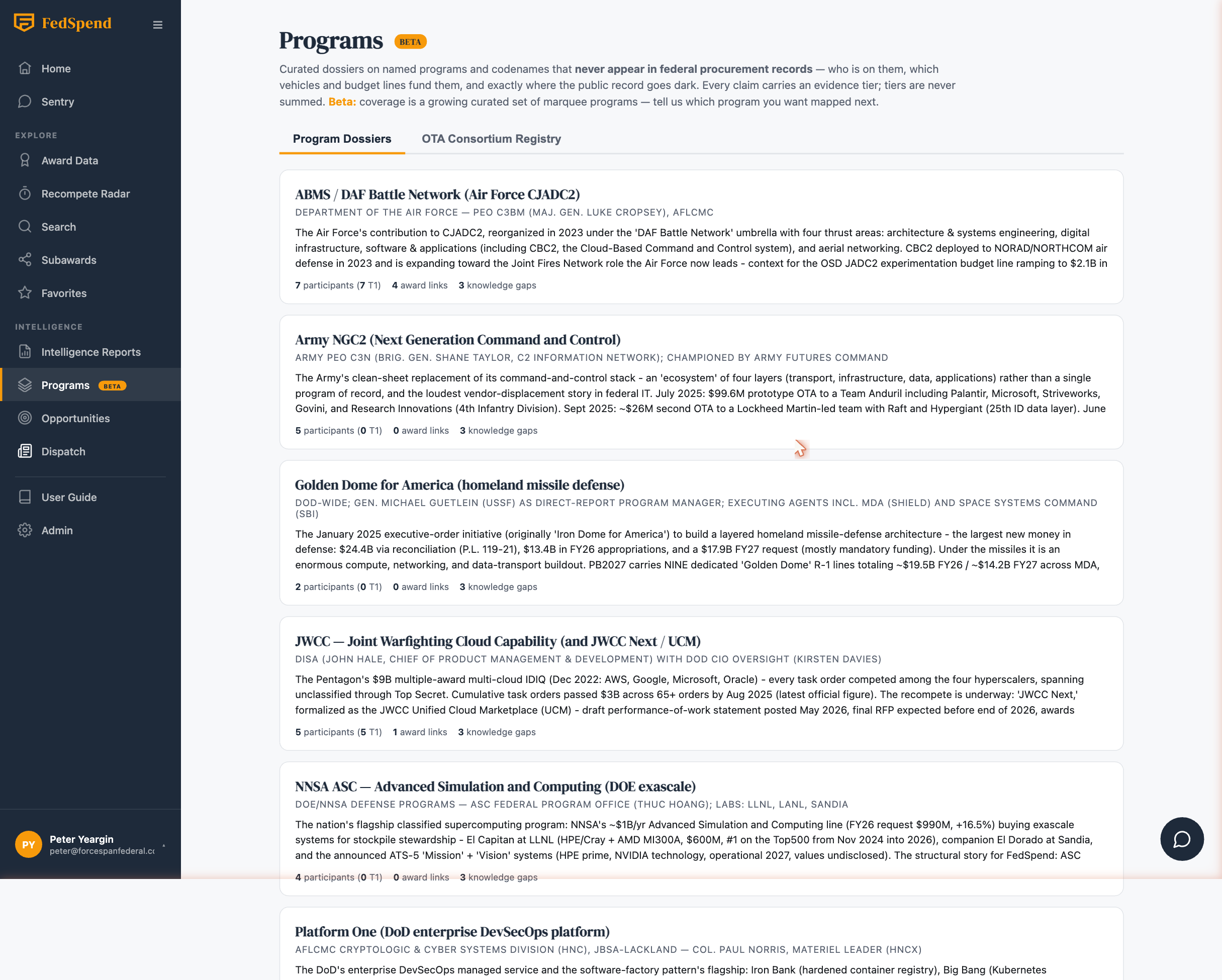 FedSpend Programs module: curated dossiers and the OTA Consortium Registry
