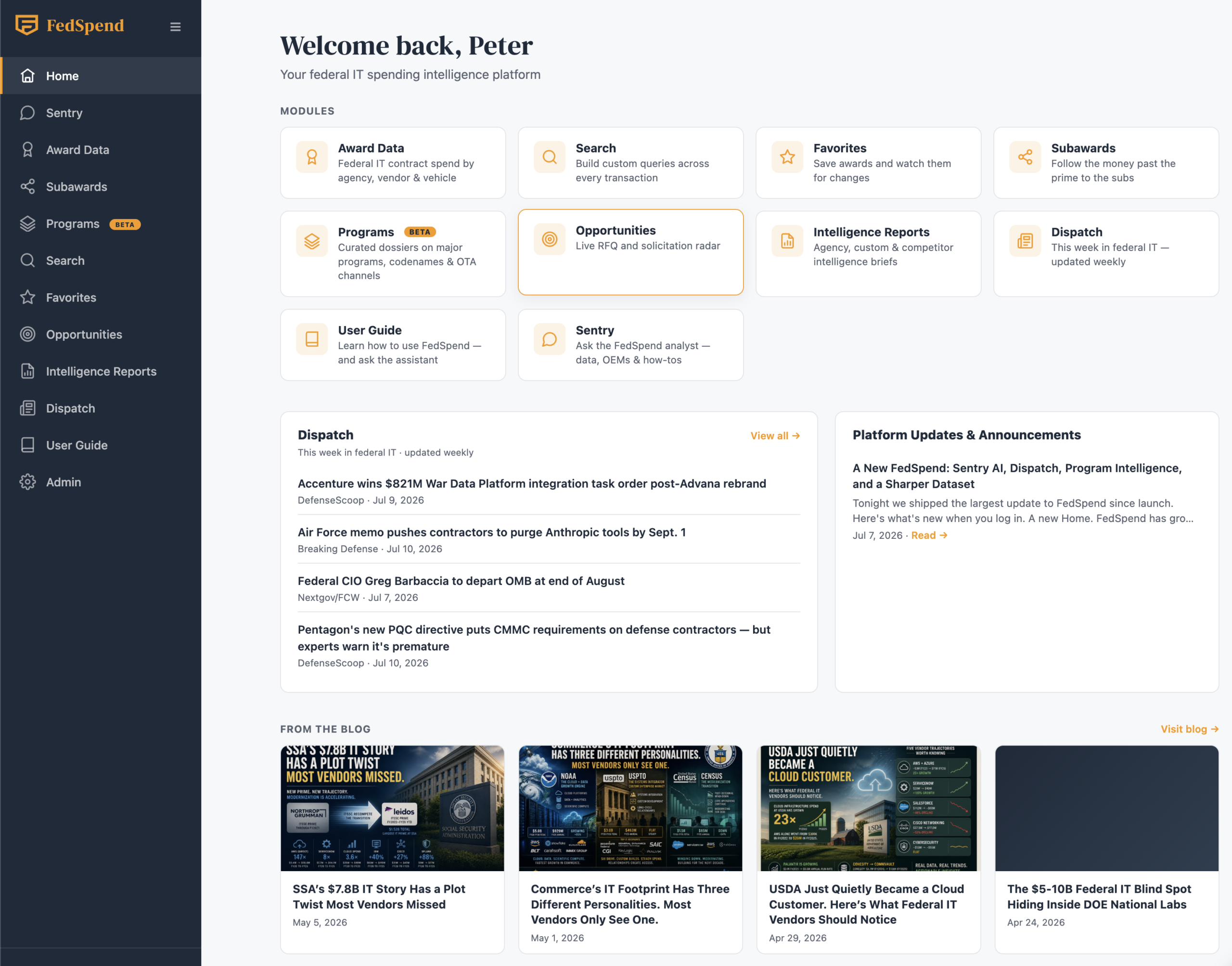 FedSpend home screen: module launcher, Dispatch digest, platform updates, and latest analysis