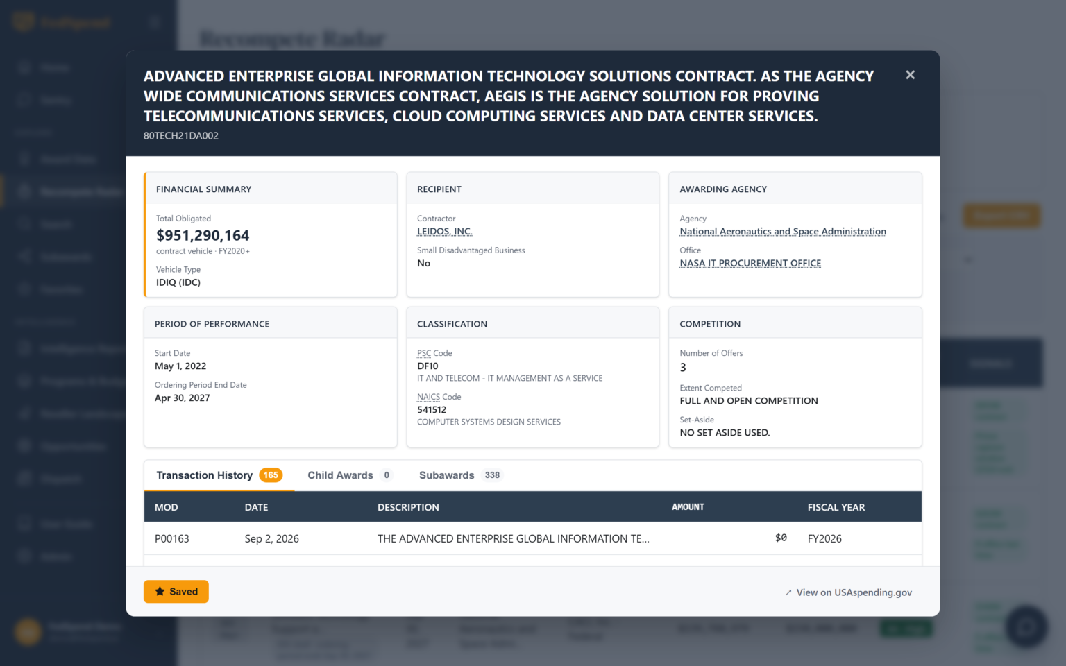 Award detail modal showing full transaction history and rolled-up child orders under a parent contract