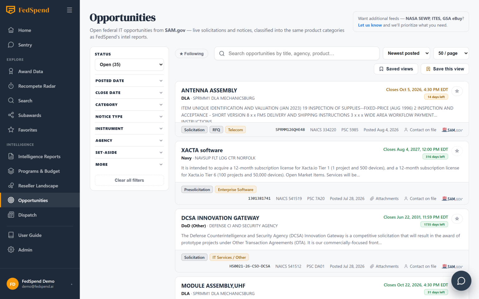 Opportunities feed showing open solicitations filtered by agency and category