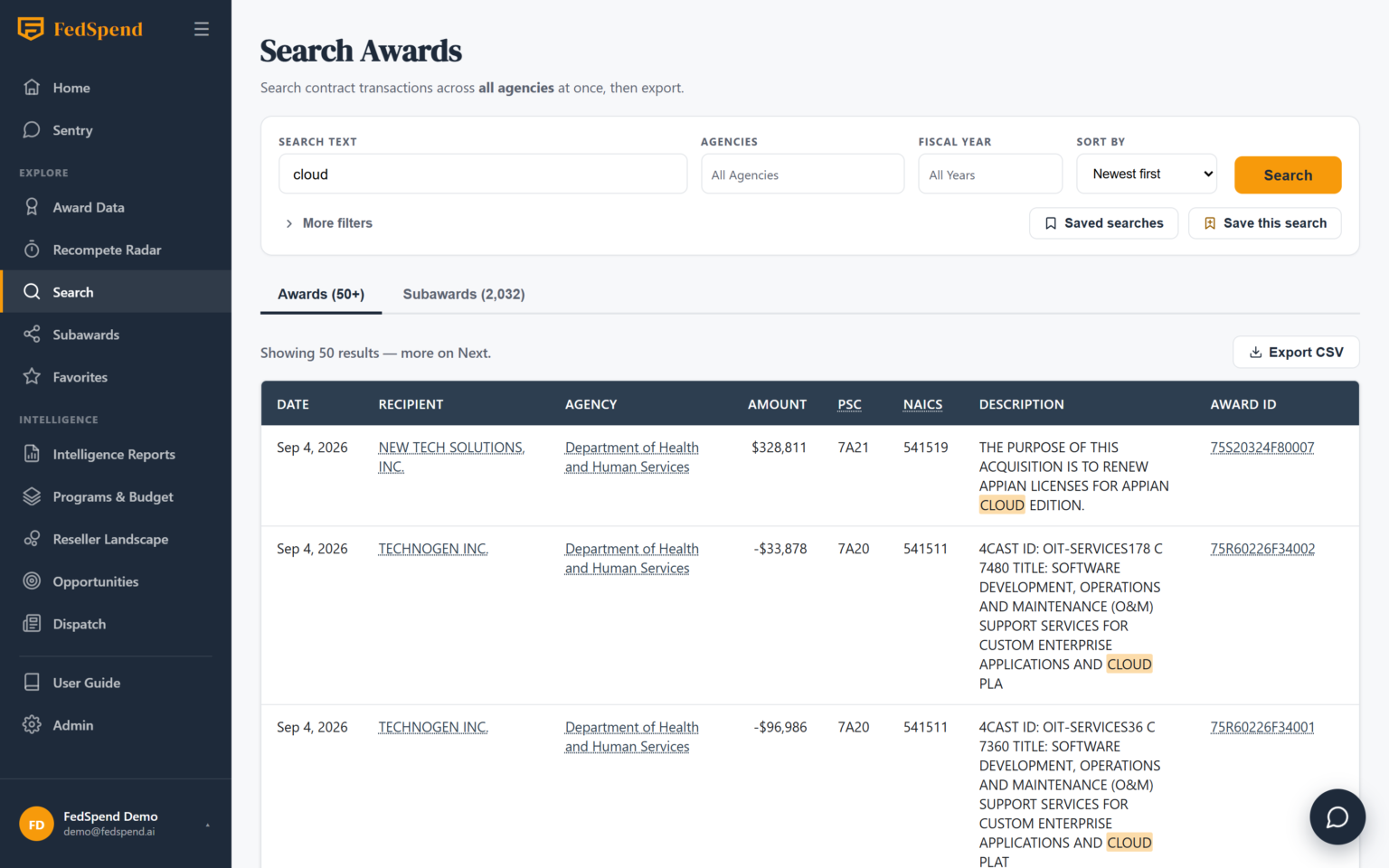 Search module showing the Awards tab with keyword and filter results across agencies