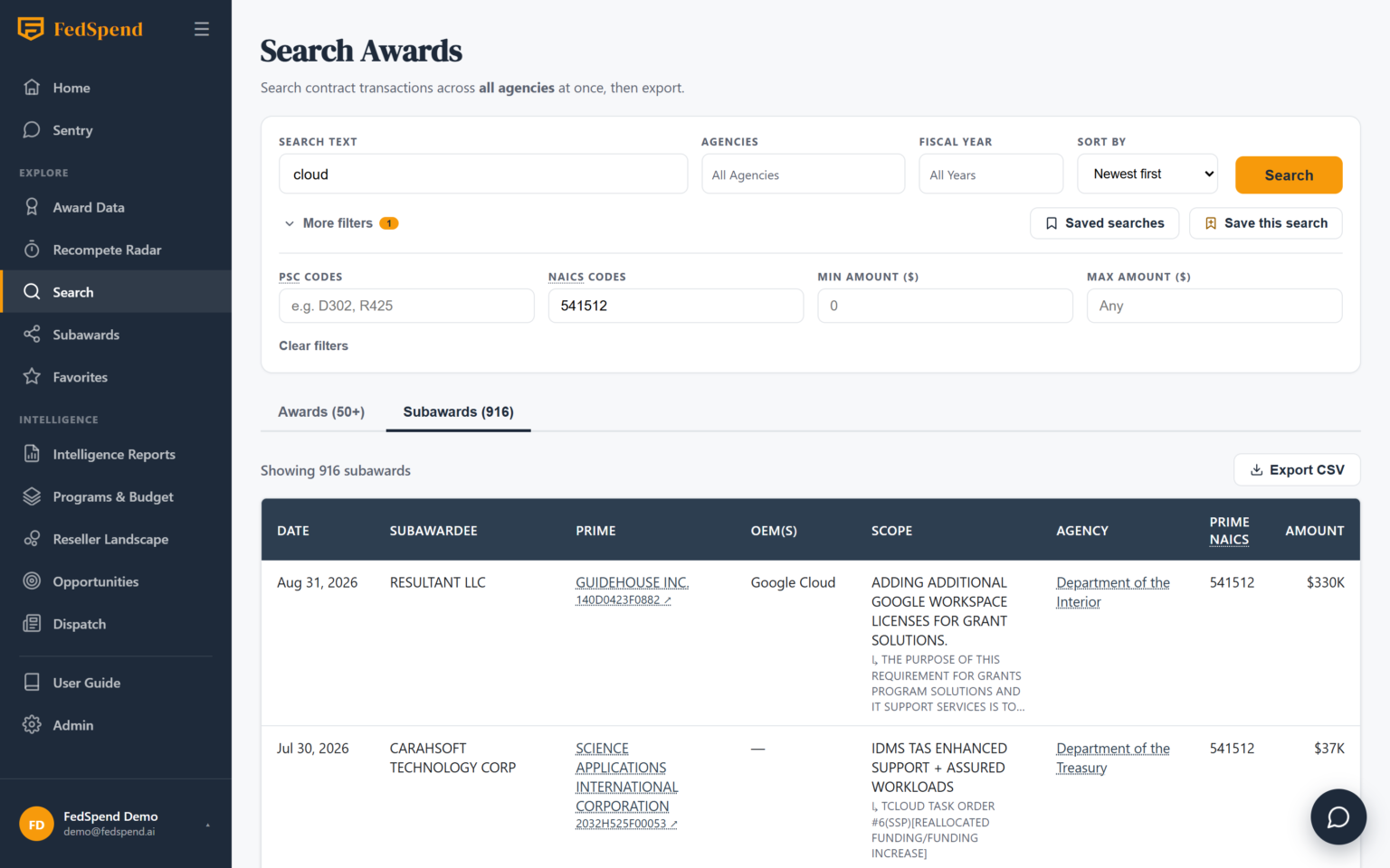Search module Subawards tab showing subcontracted IT work surfaced under prime contracts
