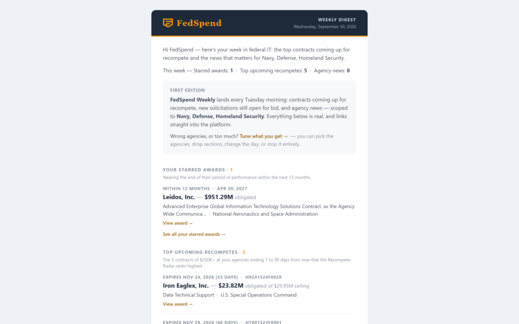 Weekly email digest preview showing starred awards and top upcoming recompetes for followed agencies