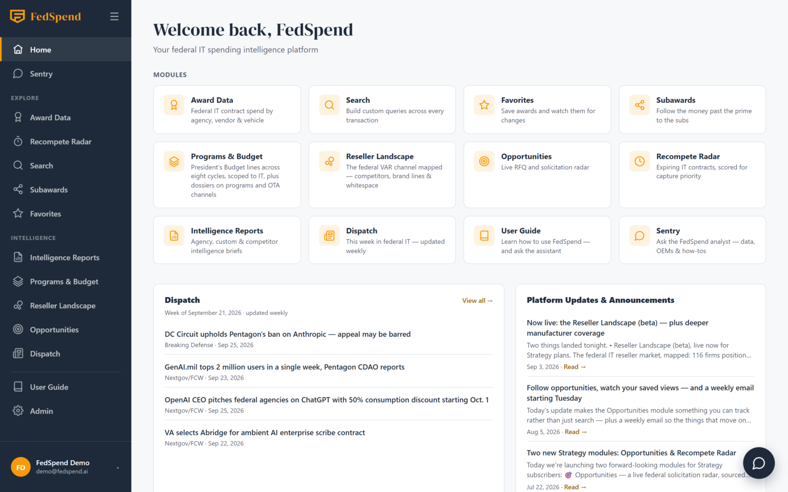 FedSpend home screen: module launcher, Dispatch digest, platform updates, and latest analysis